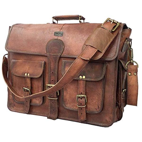NT86138 18 in. Leather Messenger Bag for Men Laptop Crossbody, Vintage Handmade Leather Shoulder Satchel, Dark Brown