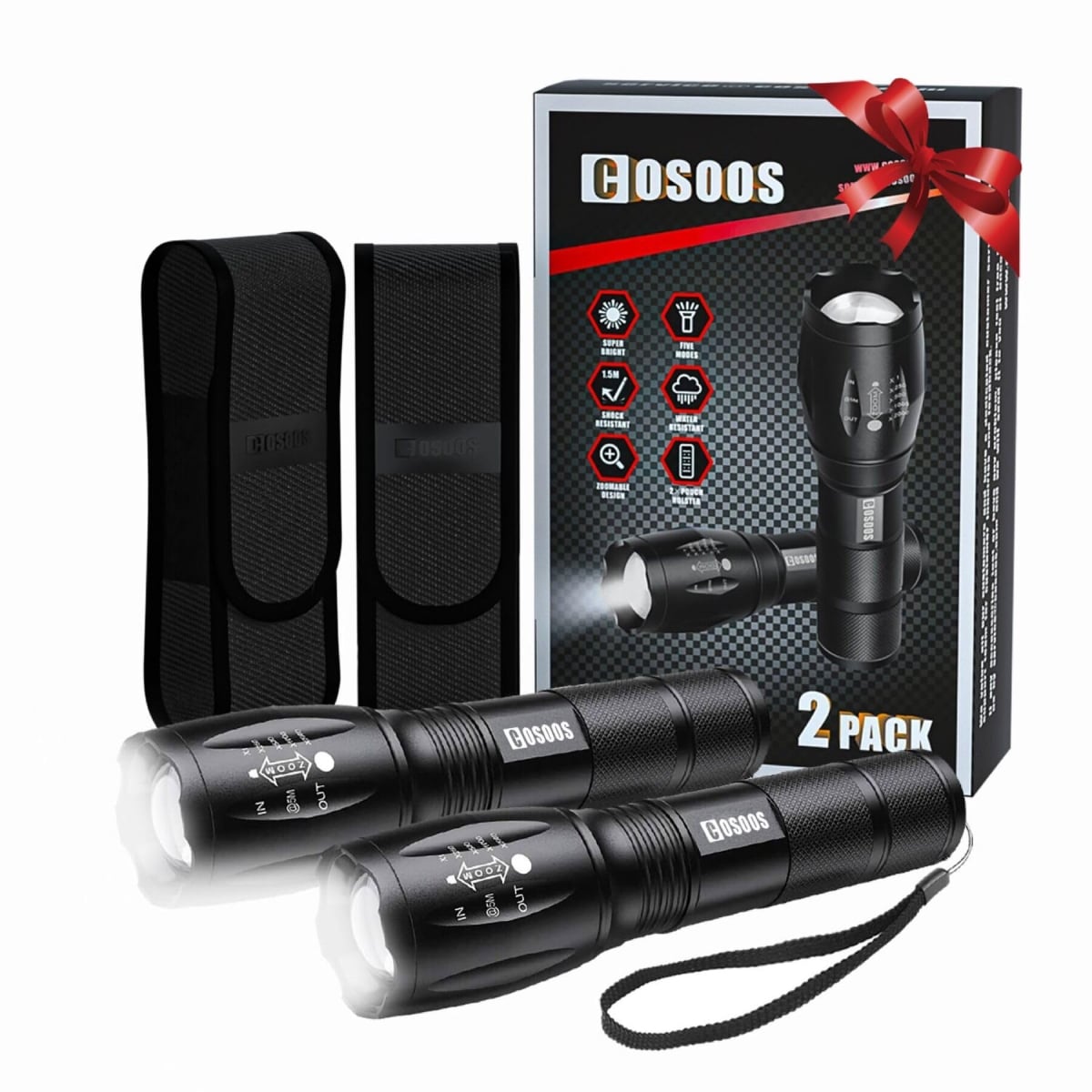 NT86172 COSOOS 2 Tactical Flashlights with Holsters, Bright LED, 5 Mode Zoomable Waterproof Flashlight for Hiking & Camping