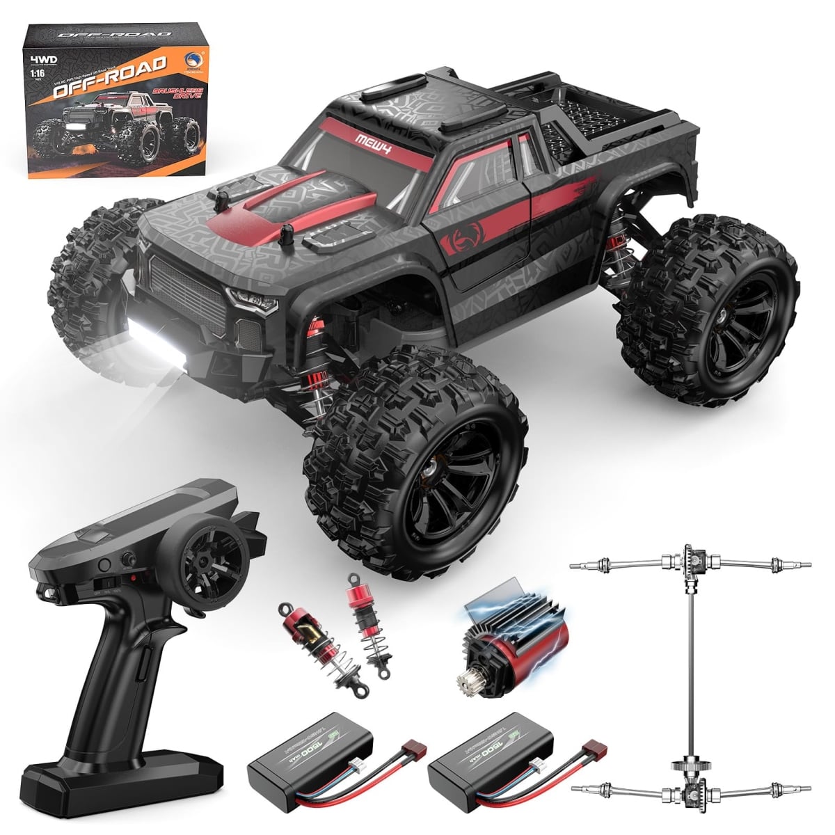 NT86322 MEW4 1-16 Scale Brushless Remote Control Car, 4X4 Offroad, Fast 42 KMH, Electric Stadium Truck, Red & Black