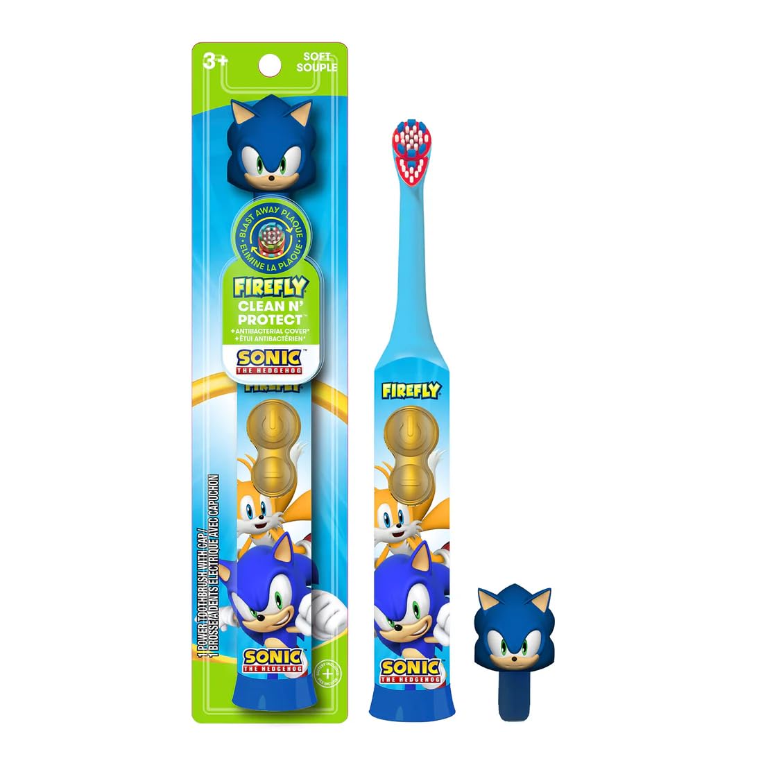 Clean N Protect Sonic The Hedgehog Toothbrush with 3D Cover, Soft Bristles, Anti-Slip Grip, Battery Included, Age 3 Plus - 3 Piece