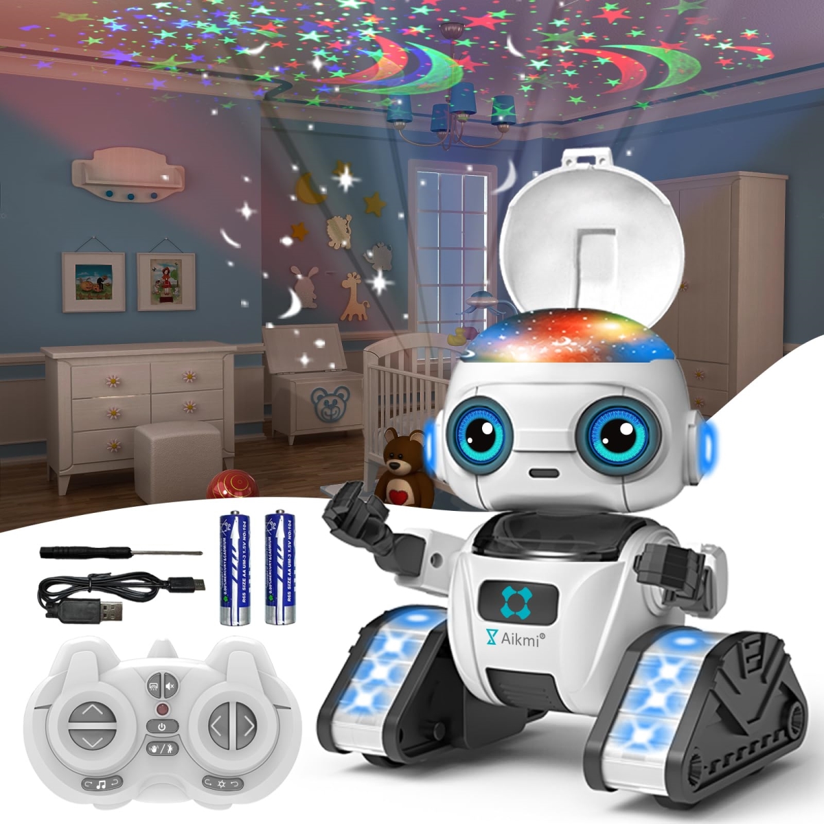 NT87220 Aikmi Rechargeable Remote Control Robot with Projector Night Light for Kids - White