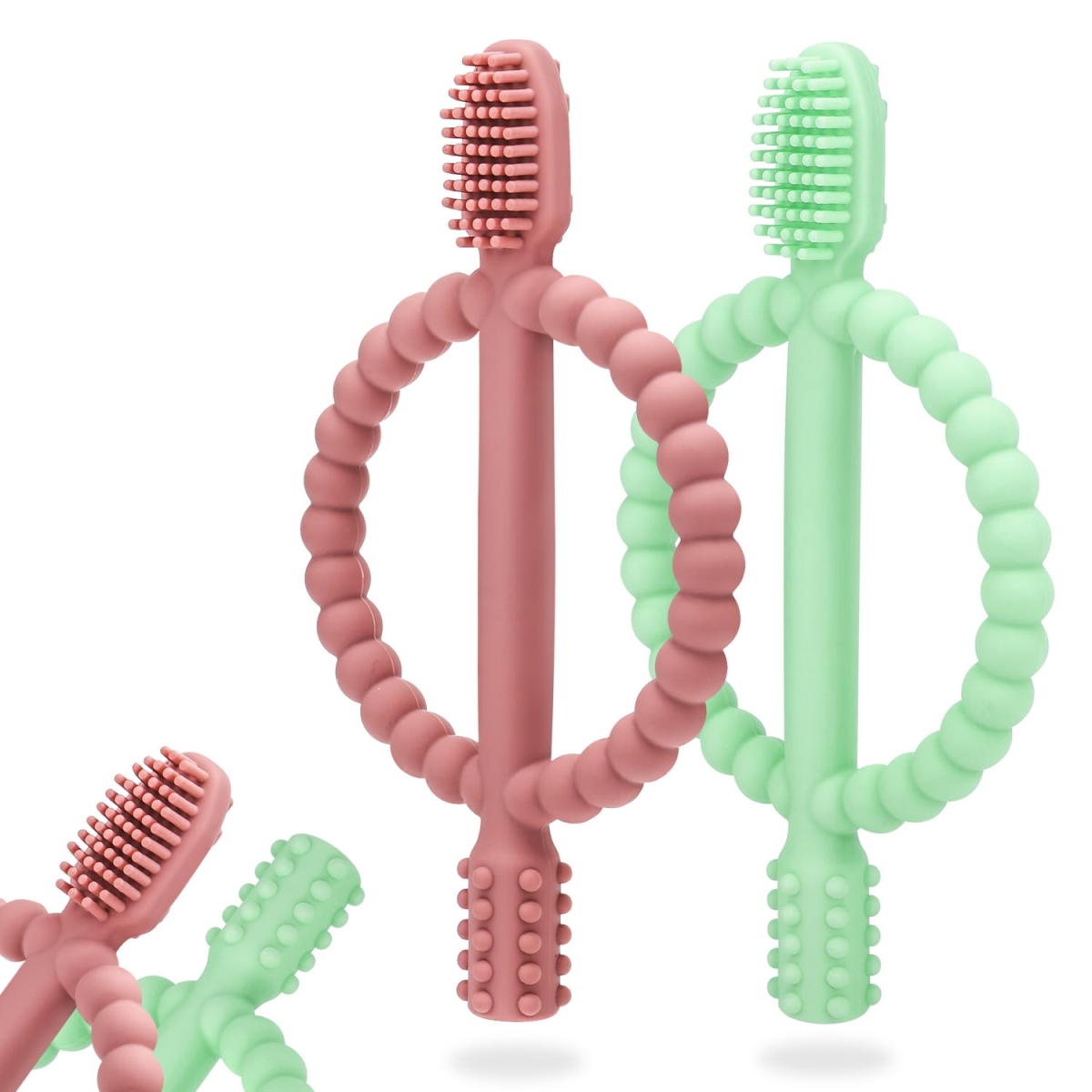 NT87330 Baby Teething Toys with Easy-Hold Handle, Silicone Infant Toothbrush, Textured for Sore Gums - Bright Green & Caramel