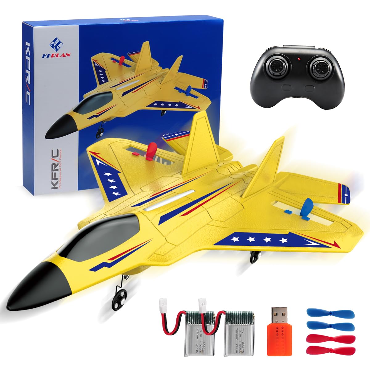 NT87384 Remote Control Plane, 2.4 Ghz Remote Control Airplane with Gyro Stabilizer & LED Light - Yellow