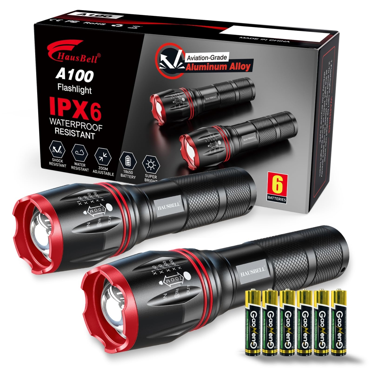 NT87407 HAUSBELL LED Flashlight 2000 Lumens, Zoomable & Waterproof Tactical Flashlights - Pack of 2