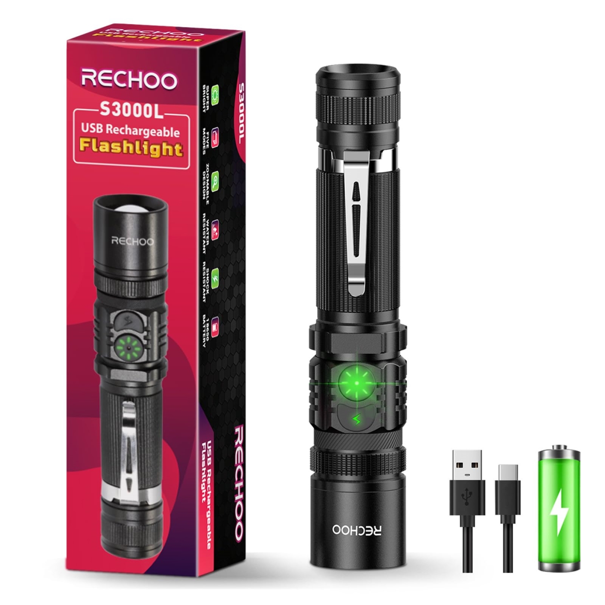 NT87480 RECHOO Rechargeable Flashlights High Lumens, Double Switch S3000L LED Flashlight, Super Bright 5 Modes Zoomable Waterproof EDC