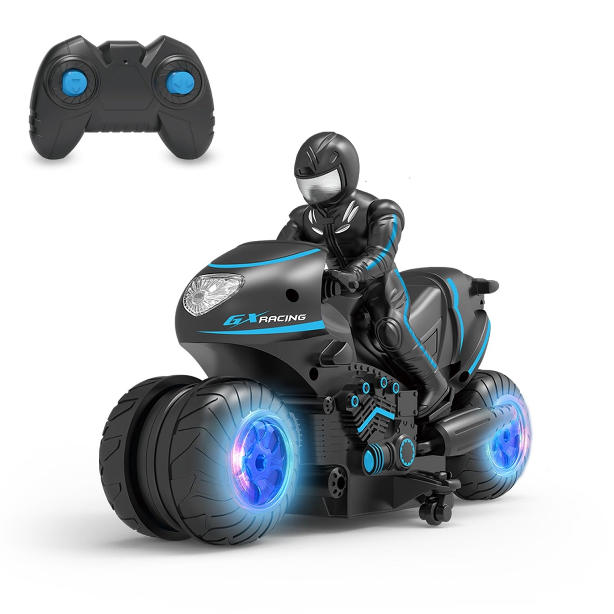 NT87489 Remote Control Motorcycle with LED Wheels, Remote Control, 360 Deg Spinning Stunt Motorbike - Blue