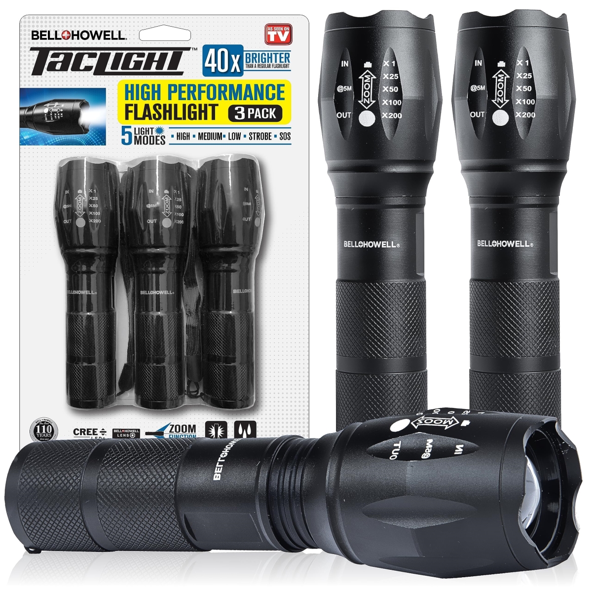 NT87509 TacLight Tactical Flashlights High Lumens, Super Bright LED, Zoomable, Waterproof, Battery Powered - Pack of 3