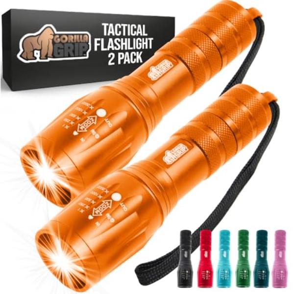 NT87528 GORILLA GRIP LED Tactical Flashlights, 750 ft. High Lumens, Water Resistant, Ultra Bright, Orange - Pack of 2