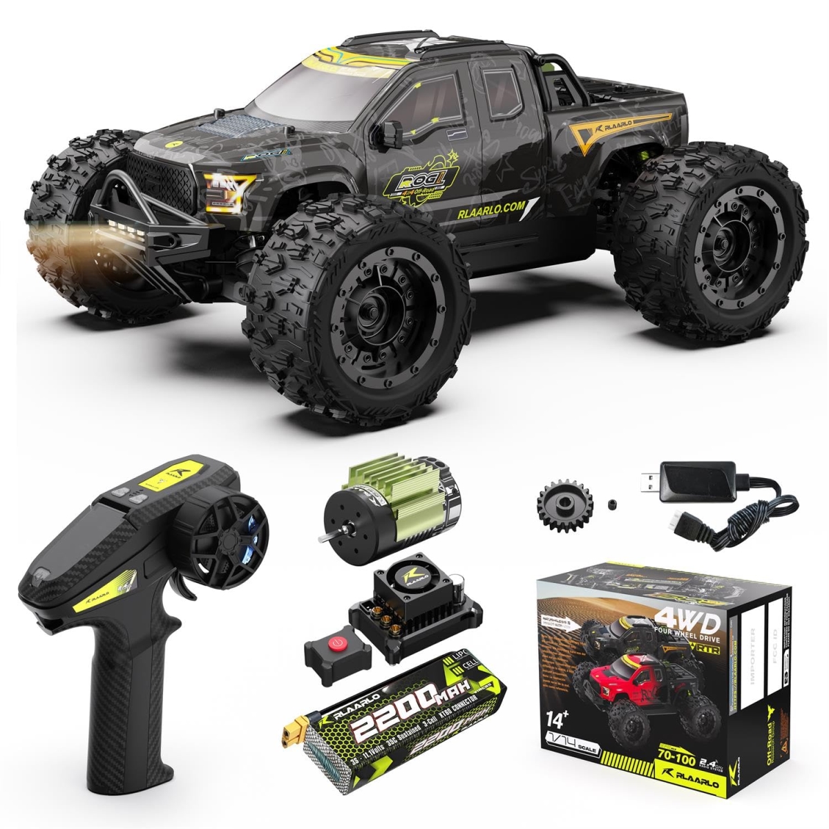 NT87547 1-14 Scale RLAARLO Brushless Fast Remote Control Car, 60 Plus MPH, All Terrain Off-Road 4x4 Monster Truck with 3S Battery
