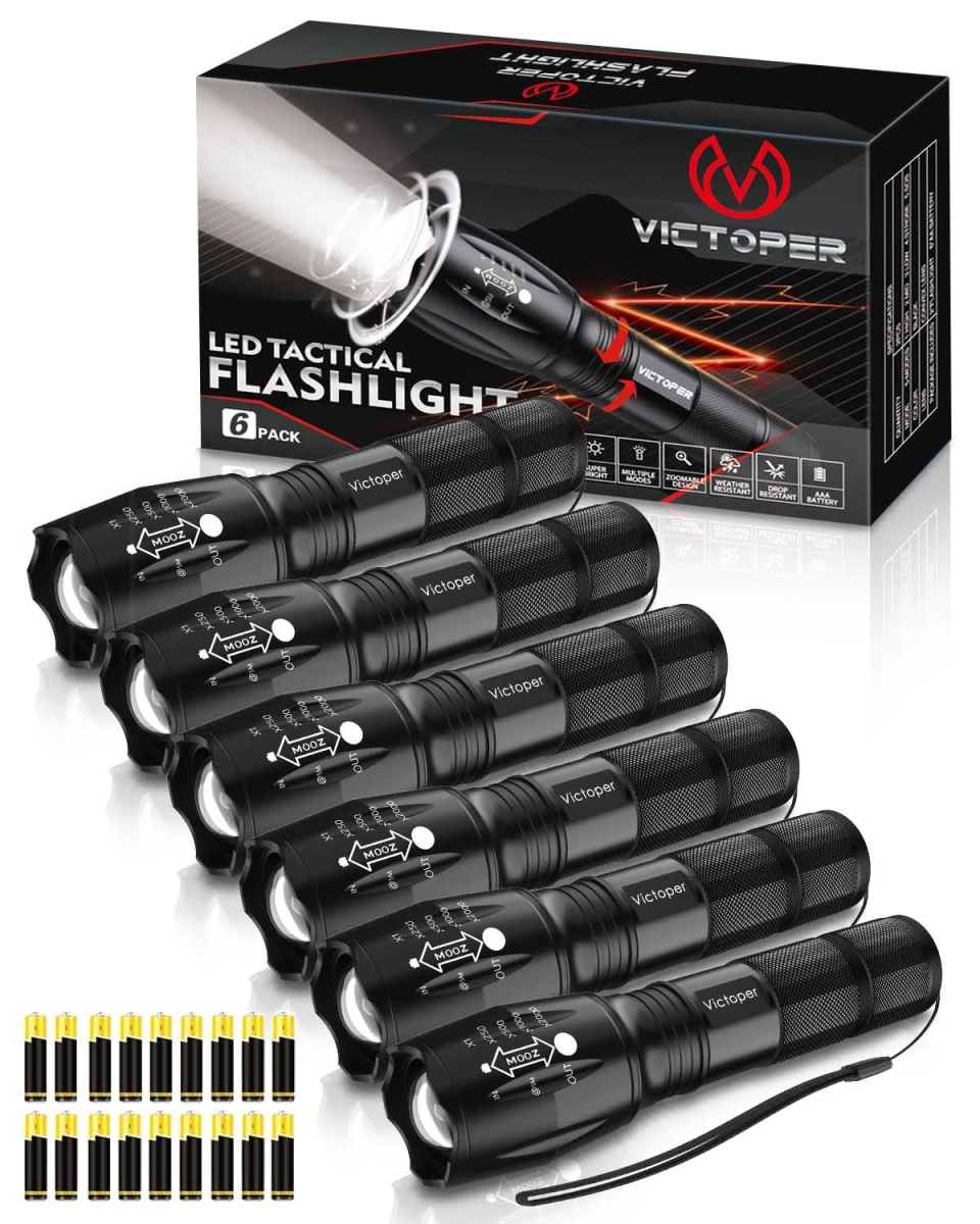 NT87782 Victoper LED Flashlight, 2000 Lumens Tactical Flashlights with 5 Modes, Waterproof Zoom, Portable for Camping - Pack of 6
