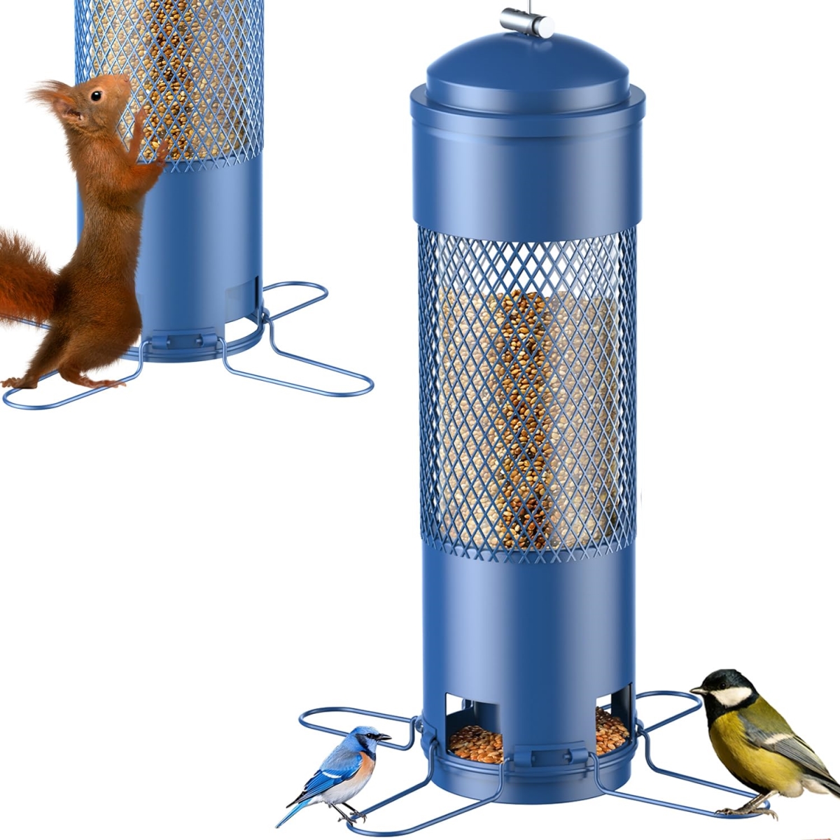 NT87940 Squirrel Proof Bird Feeder with Weight-Activated Perches, Metal Feeder for Wild Birds, 3 lbs Seed Capacity, Blue