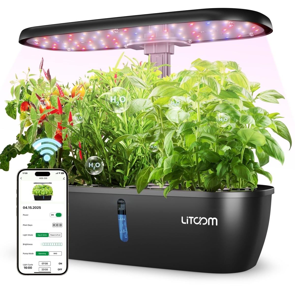 NT83999 litokam Smart Hydroponics Growing System Kit, 15-Pod Indoor Herb Garden Planter with 2 Grow Modes