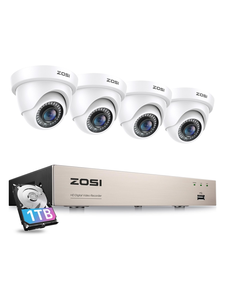 NT84226 ZOSI 3K Lite Security Camera System with 1TB Hard Drive, AI Detection, Night Vision, 8-Channel DVR, 1080P Camera - 4 Piece