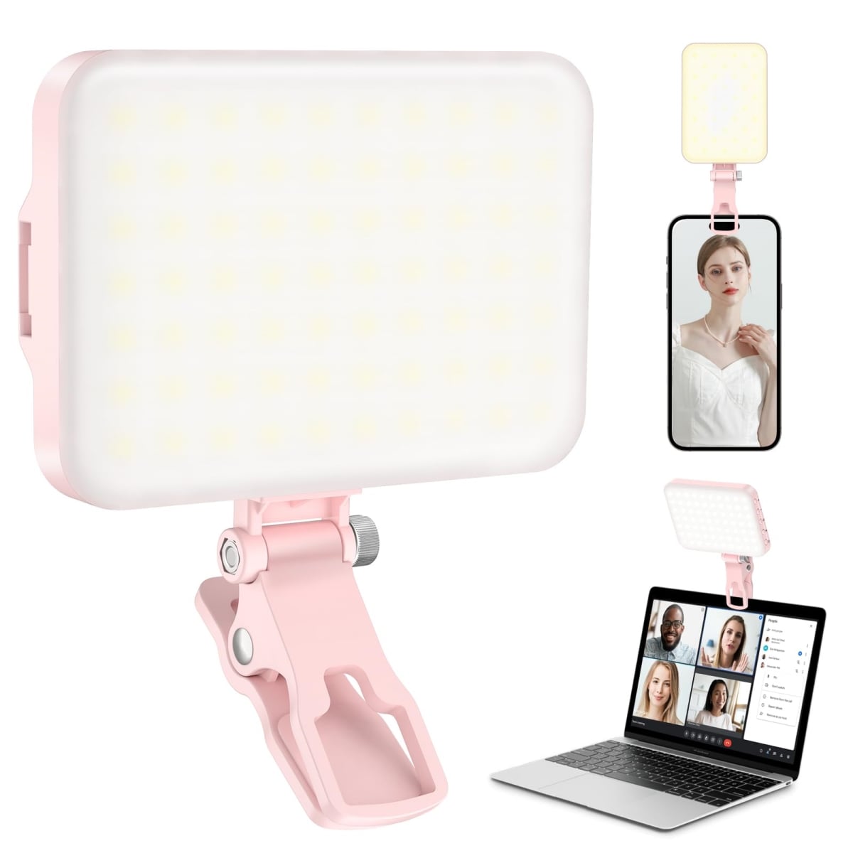 NT84299 60 LED Portable Selfie Light with Clip & Camera Tripod Adapter, Rechargeable 2200 mAh, CRI 97 Plus, 9 Light Modes