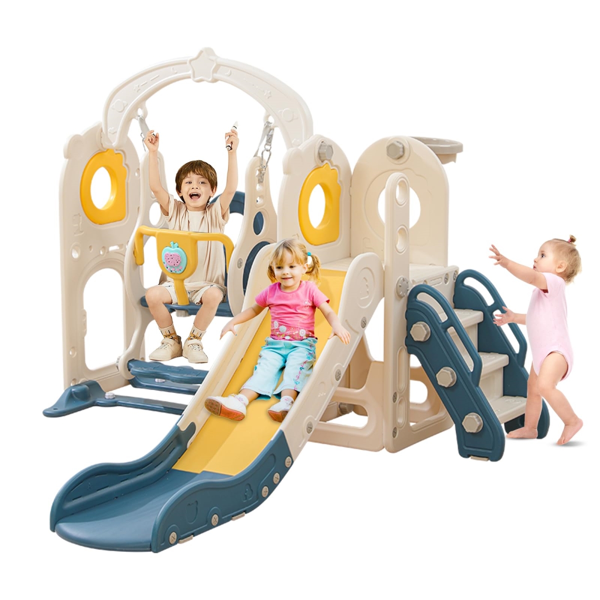 NT84376 Freestanding Toddler Slide with Swing Set, 6-in-1 Kids Indoor Playset for Toddlers 1-3 Boys & Girls