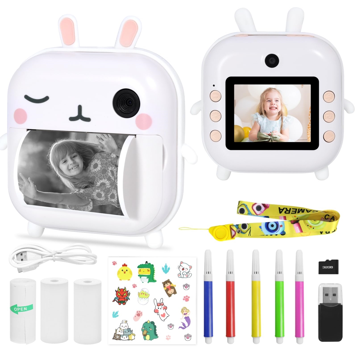 NT84503 AURTEC Instant Camera for Kids, Mini Thermal Printing, 48MP Dual Camera, 1080P HD Video, 2.4 in. Screen, Rabbit Design