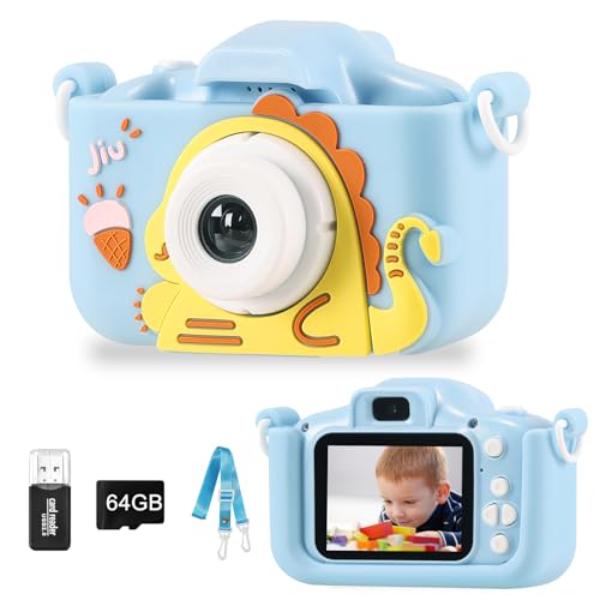 NT84652 TYLIN Upgrade Dinosaur Kids Camera, HD Digital Video Camera for Age 3-9 with Cartoon Silicone Cover - Blue