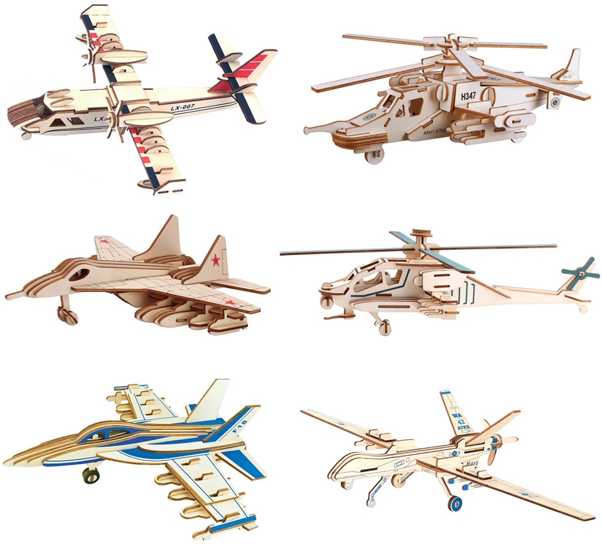 NT84681 3D Wooden Puzzle Aircraft & Helicopter Model Kits for Kids & Adults - 6 Piece
