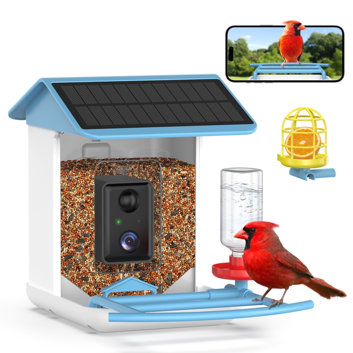 NT84749 Bird Feeder with Camera, Solar-Powered, 1080P HD, App Alerts & Two-Way Audio - Sky Blue