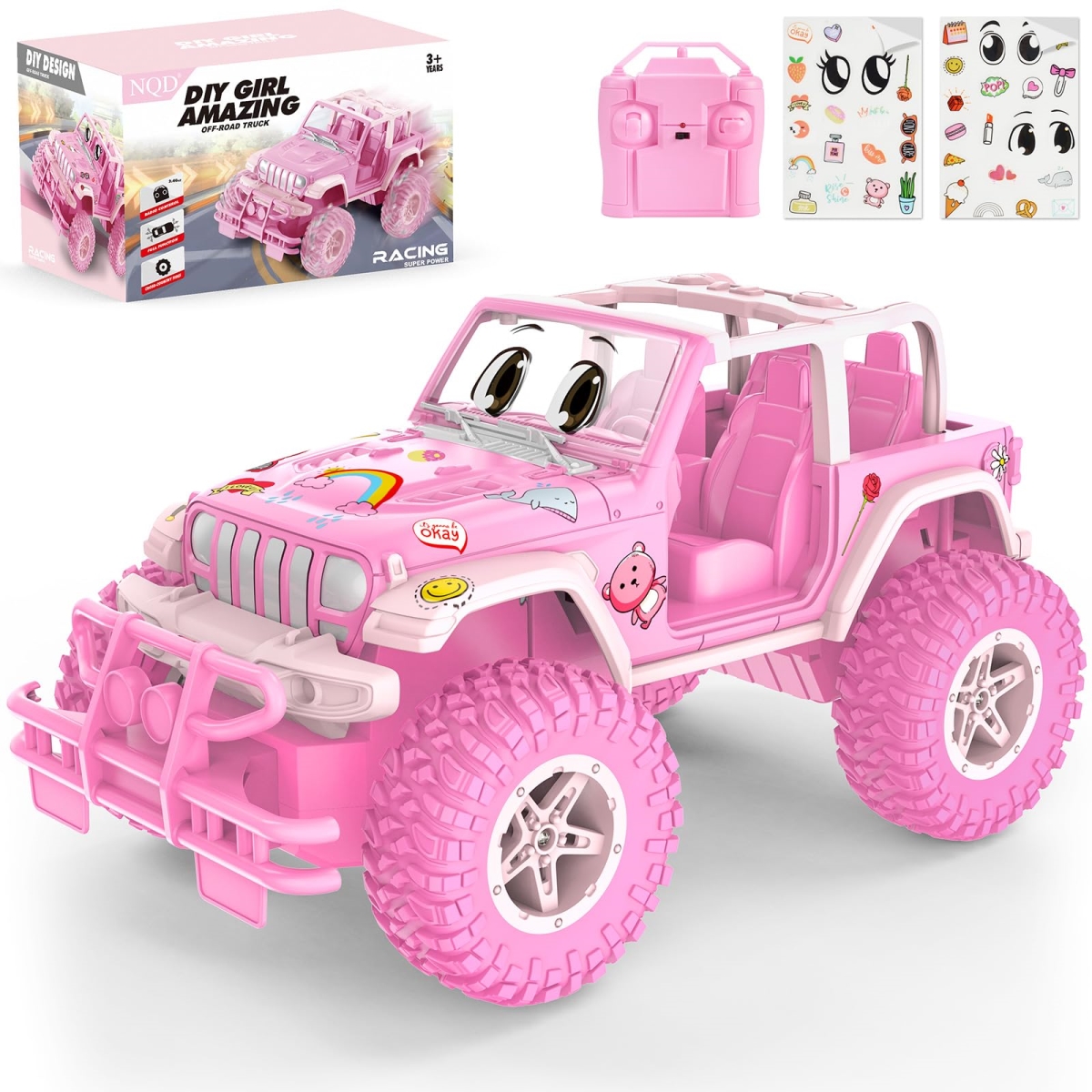 NT84765 NQD Pink Remote Control Car with DIY Stickers, Remote Control Car for Girls, 80 Min Play Jeep 2.4 Ghz Off Road Remote Control Trucks