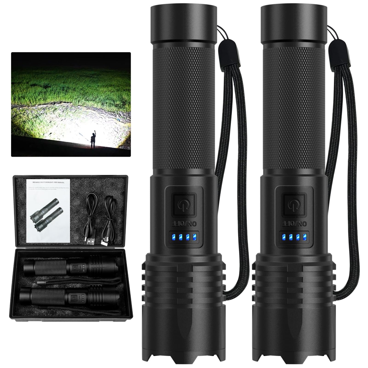 NT84778 LED Flashlights High Lumens Rechargeable, 2000 Lumens, 3 Modes, IPX7 Waterproof, Tactical for Camping Emergencies - Pack of 2