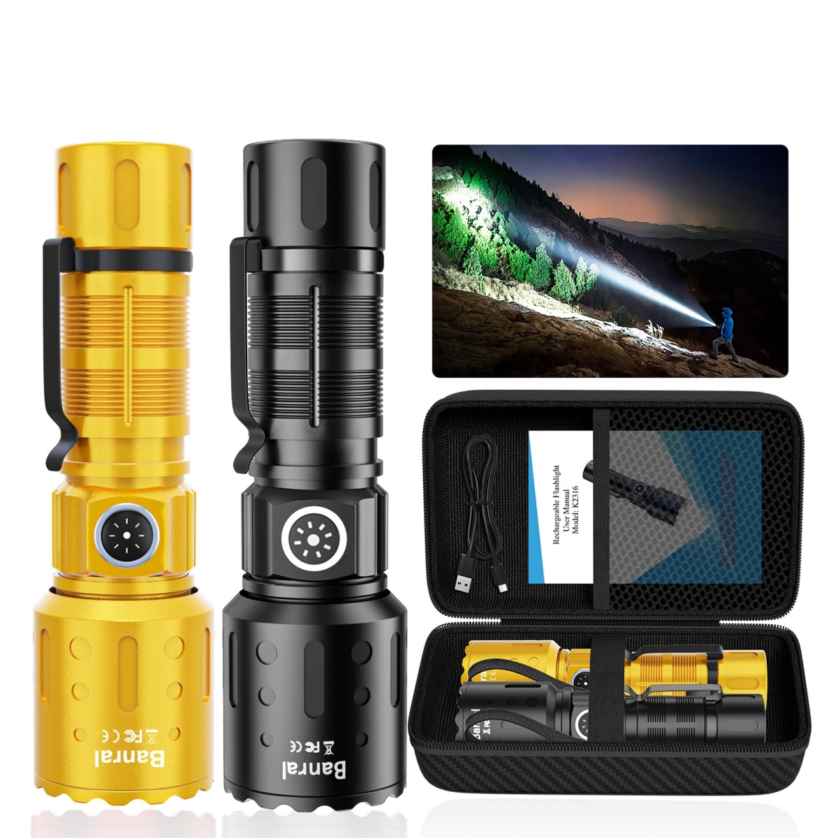 NT84785 Flashlights High Lumens Rechargeable LED Tactical Pocket Flashlight, 6 Modes, Black & Gold