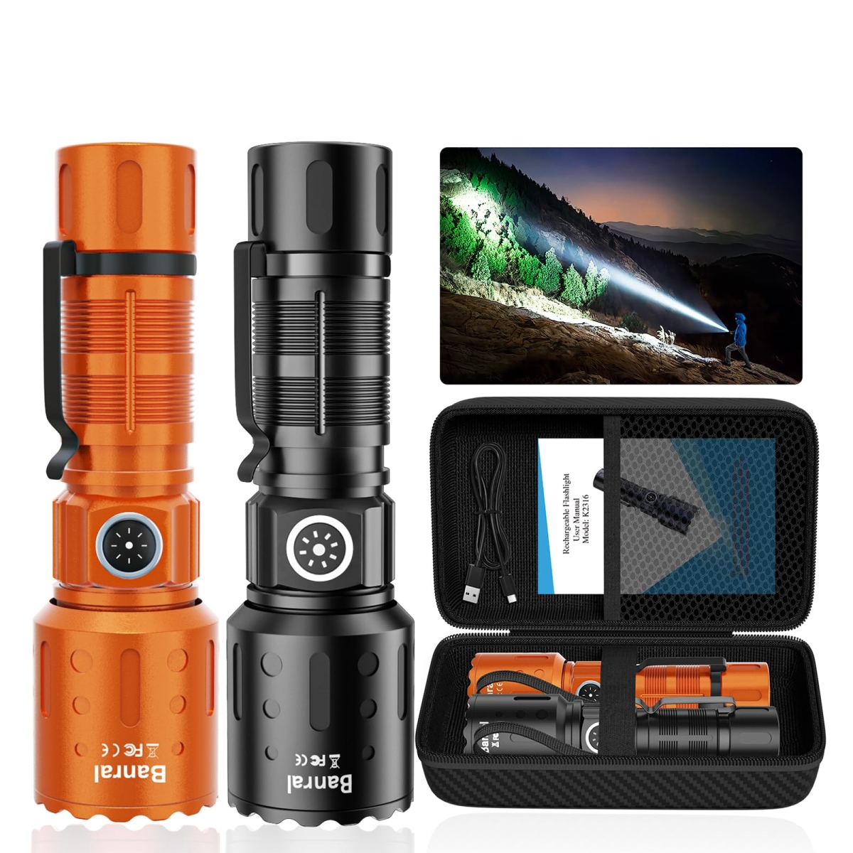 NT84787 Flashlights High Lumens Rechargeable LED Tactical Pocket Flashlight 2 - Black & Orange