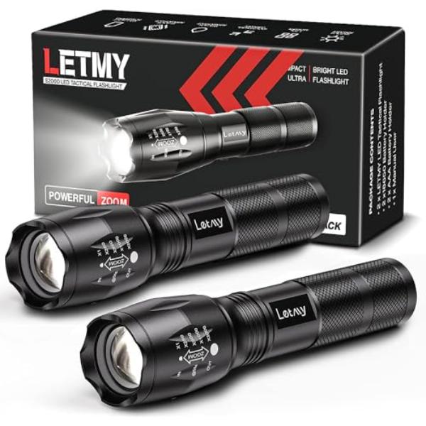 NT84845 LETMY Tactical Flashlight S2000 Bright LED Flashlights, 5 Modes Zoomable Waterproof for Home Emergency Camping Outdoor - Pack of 2