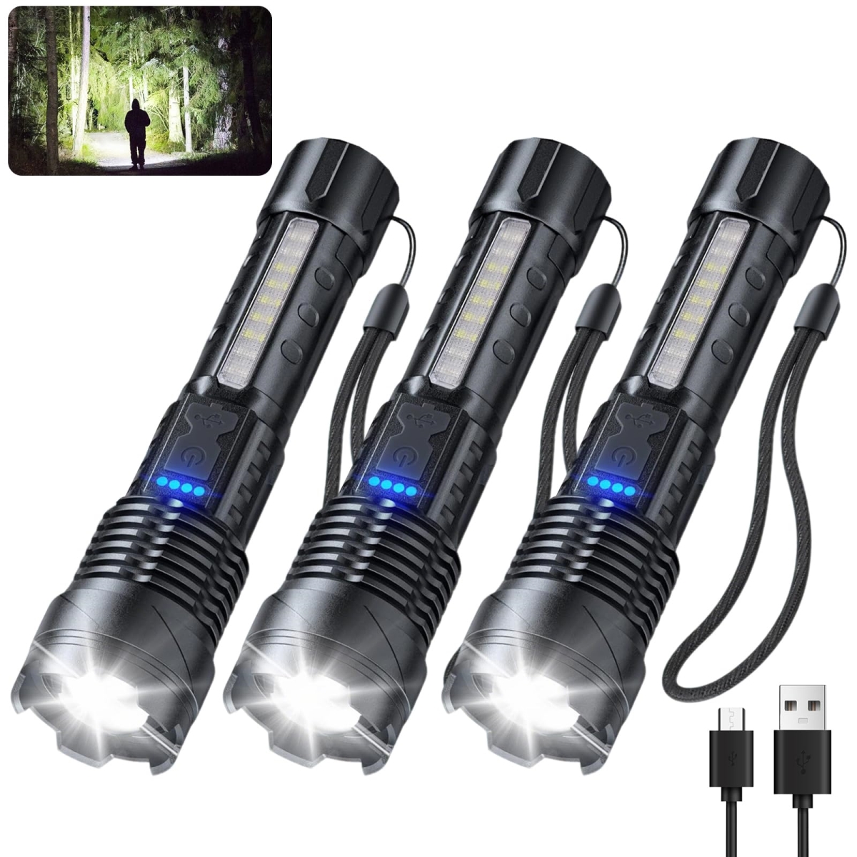 NT84857 Rechargeable Flashlights, High Lumens, 7 Modes, IP67 Waterproof, Adjustable Tactical Flashlights - Pack of 3
