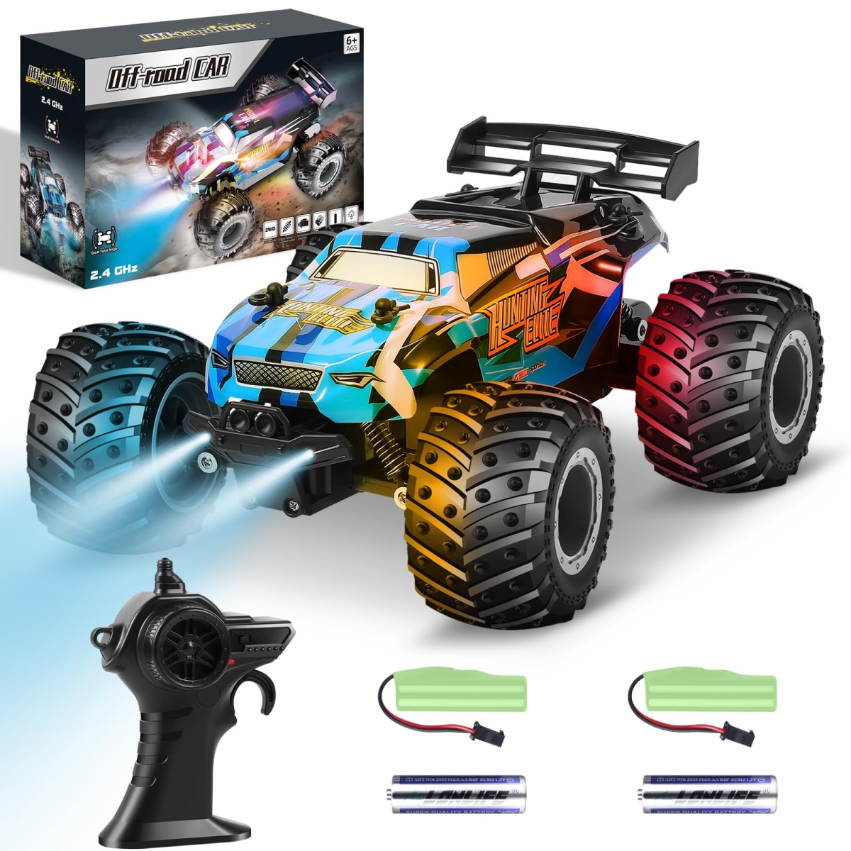 NT85076 Remote Control Car, 2.4 Ghz Off-Road Monster Truck with LED Bodylight & 2 Rechargeable Batteries