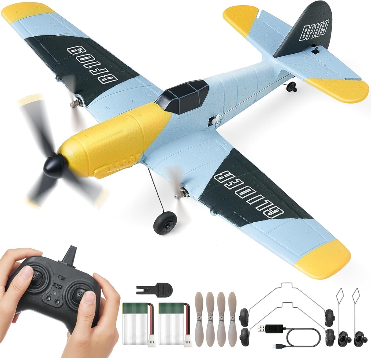 NT85159 VEVOR Remote Control Plane, 2.4 Ghz 3 Channel with 6-Axis Gyro Stabilizer & 2 Batteries, Ready to Fly BF-109 Fighter Aircraft Toys