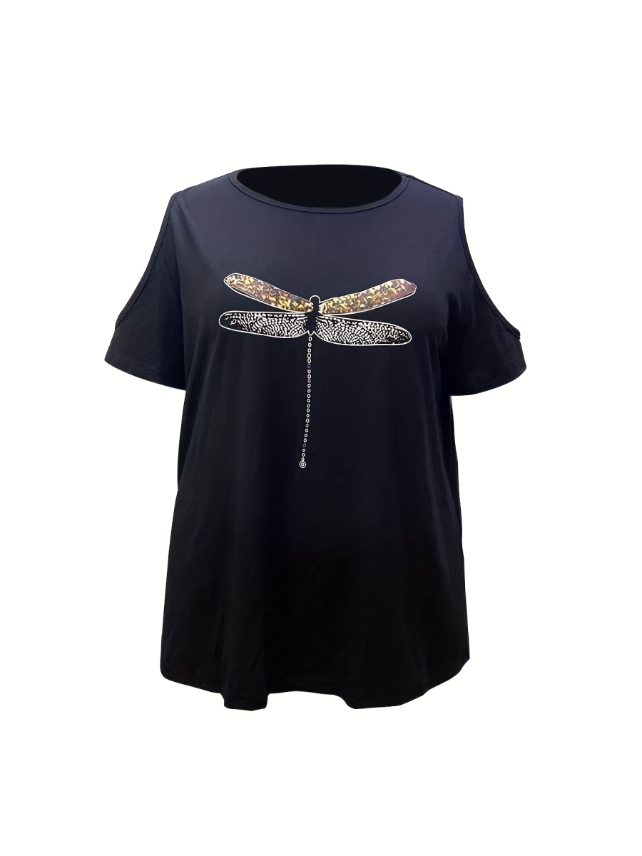 Picture of Netjett NT32268 Womens Plus Size Dragonfly Print Cold Shoulder Round Neck Plus Size Casual T-shirt