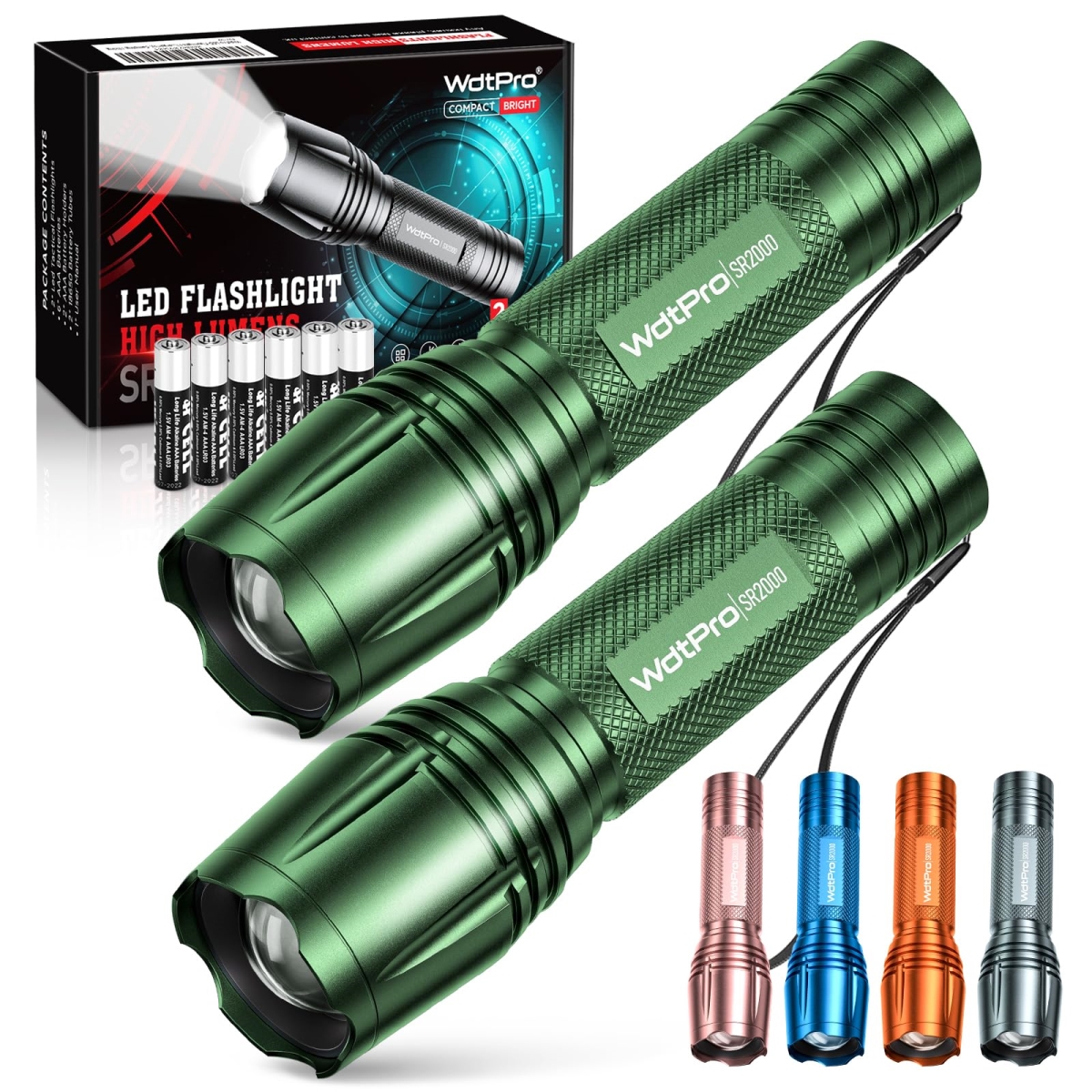 WdtPro LED Flashlights SR2000 Pro, High Lumens, Zoomable, Mini Flashlights for Emergency, Camping, Hiking - Green - Pack of 2