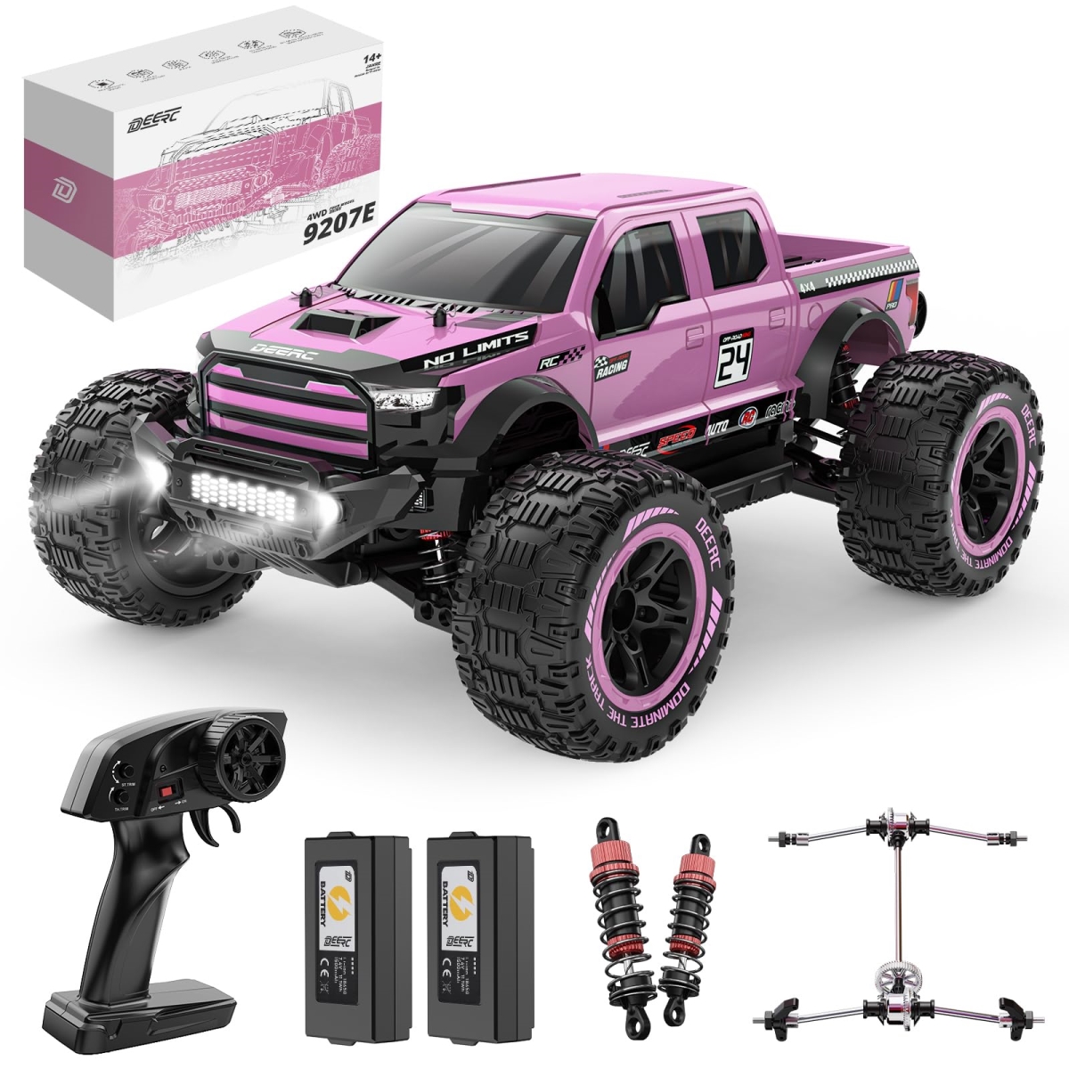 NT85791 DEERC 1-10 Scale Fast Remote Control Car, 4X4 High Speed, Pink All Terrain Remote Control Monster Truck with 2 Batteries