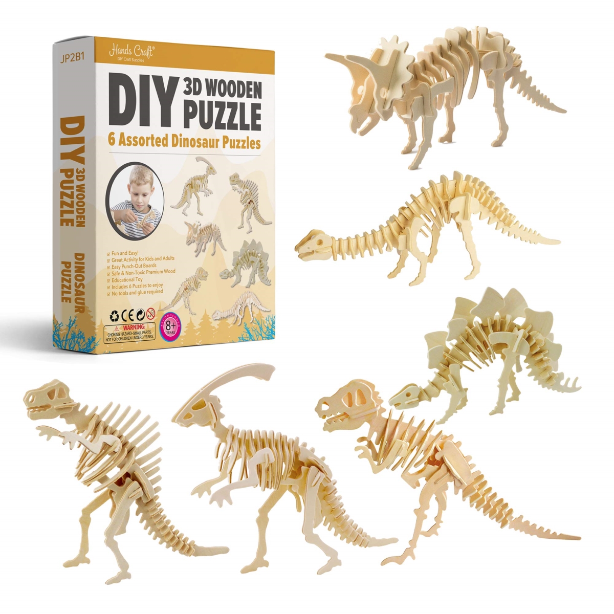 NT85880 Hands Craft DIY 3D Wooden Puzzle - 6 Assorted Dinosaur Bundle Set