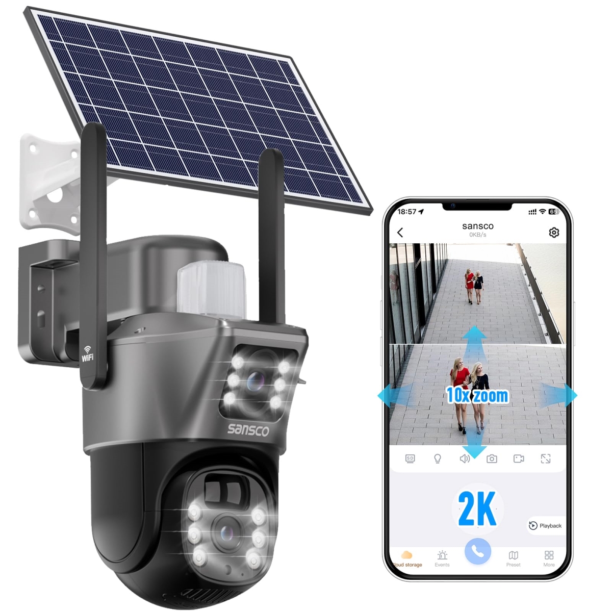NT85940 SANSCO 4MP Wireless Solar Security Camera with 360 Deg PTZ, Night Vision & 2-Way Audio