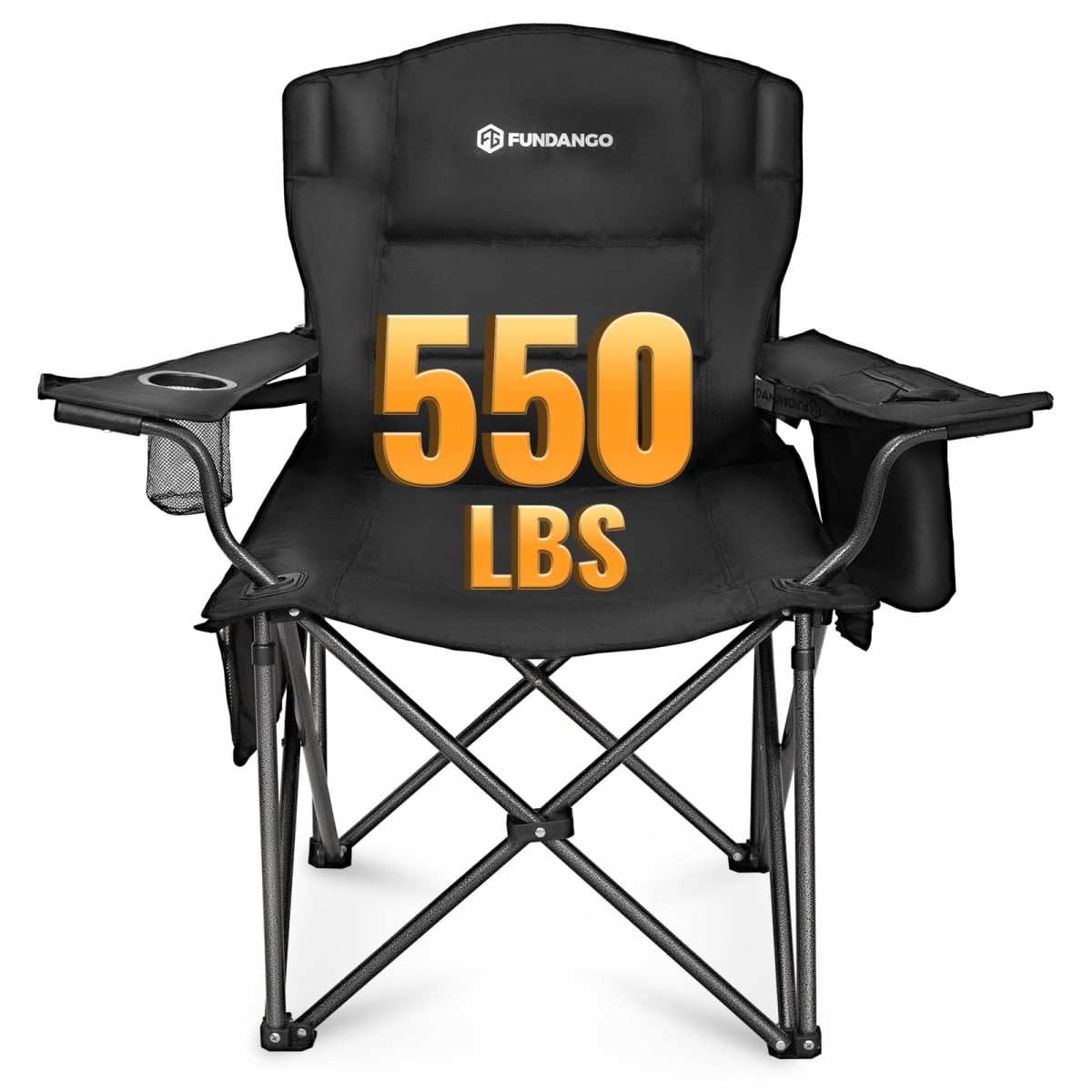 NT86142 FUNDANGO Oversized Fold Camping Chair for Adults, 550 lbs with Cushion Seat & Back, Cooler & Cup Holder, Carry Bag - Black
