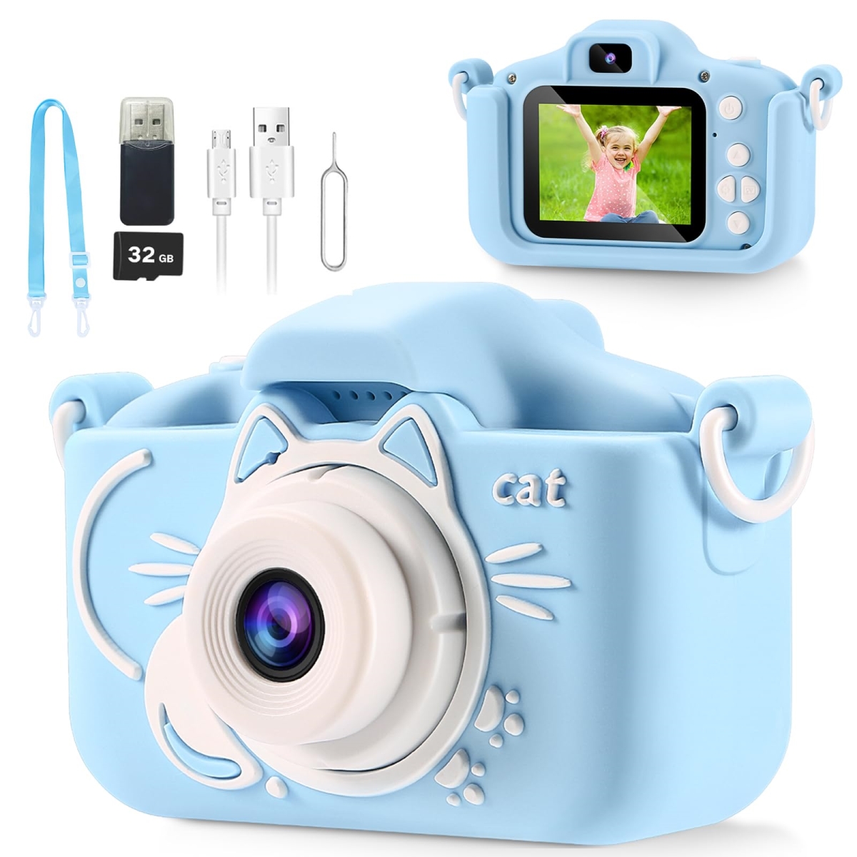 NT86337 Kids Camera for Boys with Dual Lens & MP3 Player, Includes 32GB Card, Blue