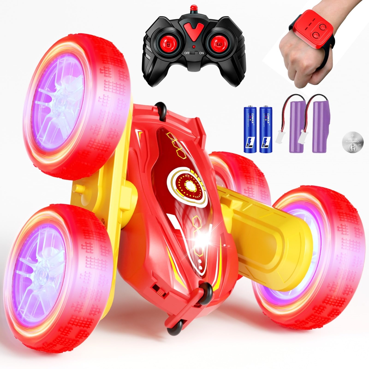 NT86803 Remote Control Stunt Car, 4WD Remote Control Monster Truck with Headlights, Double Sided 360 Deg Flips - Red