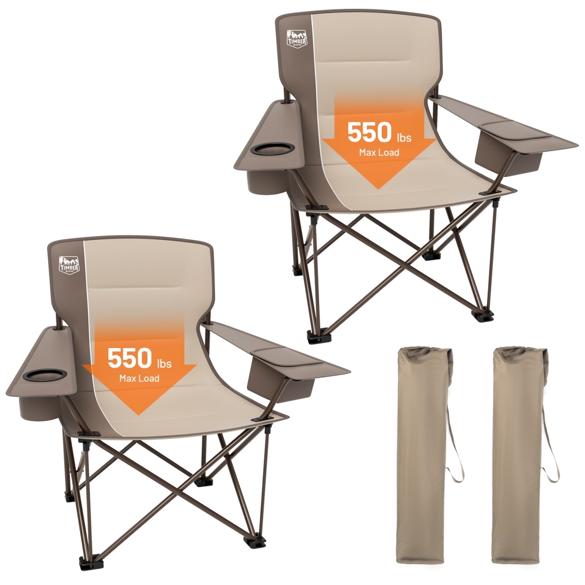 NT86886 TIMBER RIDGE Oversized Folding Camping Chair, Support 550 lbs, Tan - Pack of 2