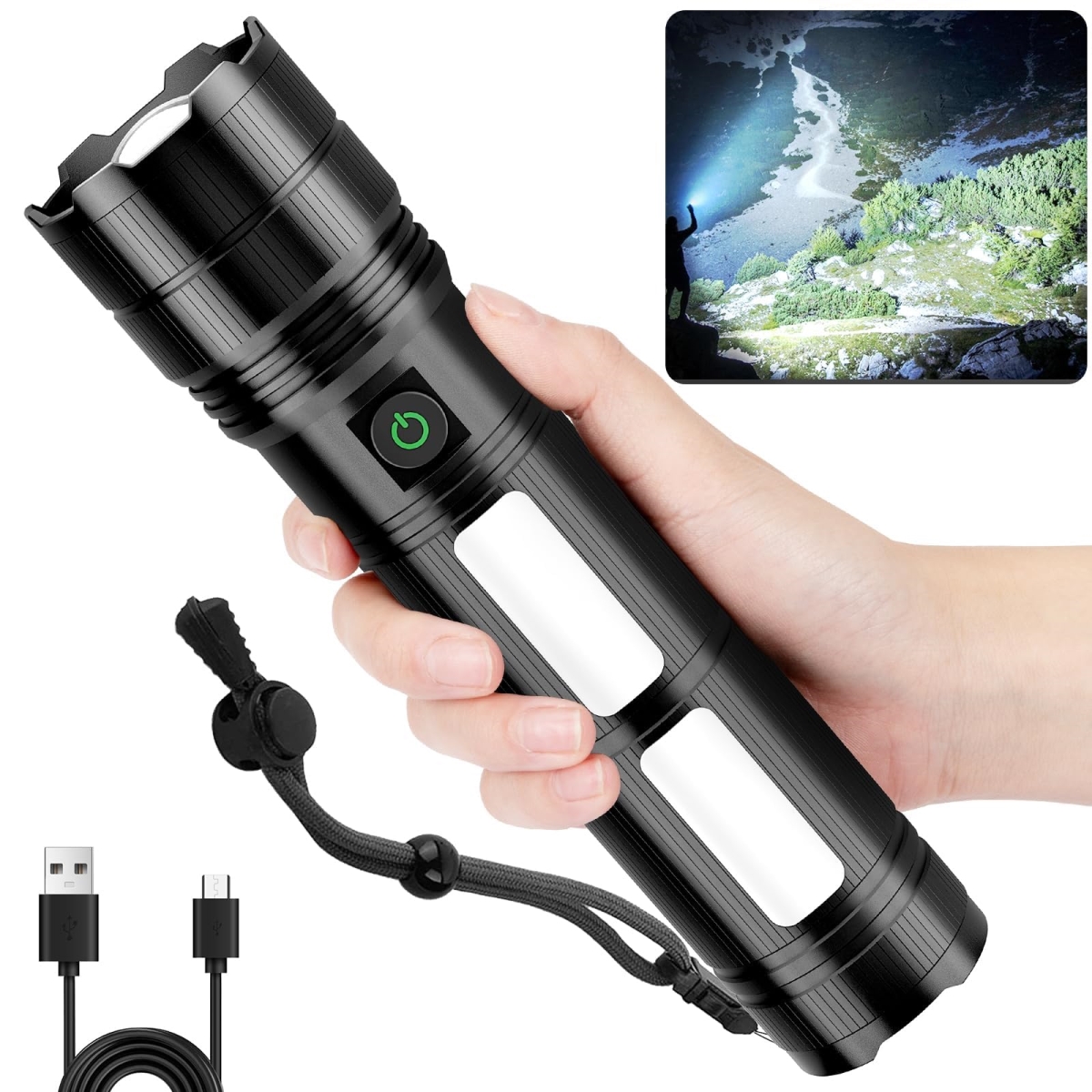NT87167 KINGCAESAR Rechargeable Flashlights 3000 Lumens, Super Bright with 2 Cob Light, High Powered LED, 4 Modes, IPX7 Waterproof