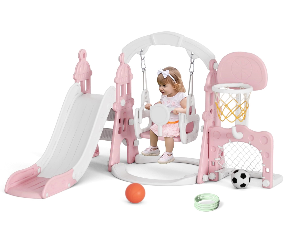 NT87263 XJD 6-in-1 Toddler Slide & Swing Set, Kids Slide for Toddlers Age 1 Plus, Indoor & Outdoor Playground - Pink