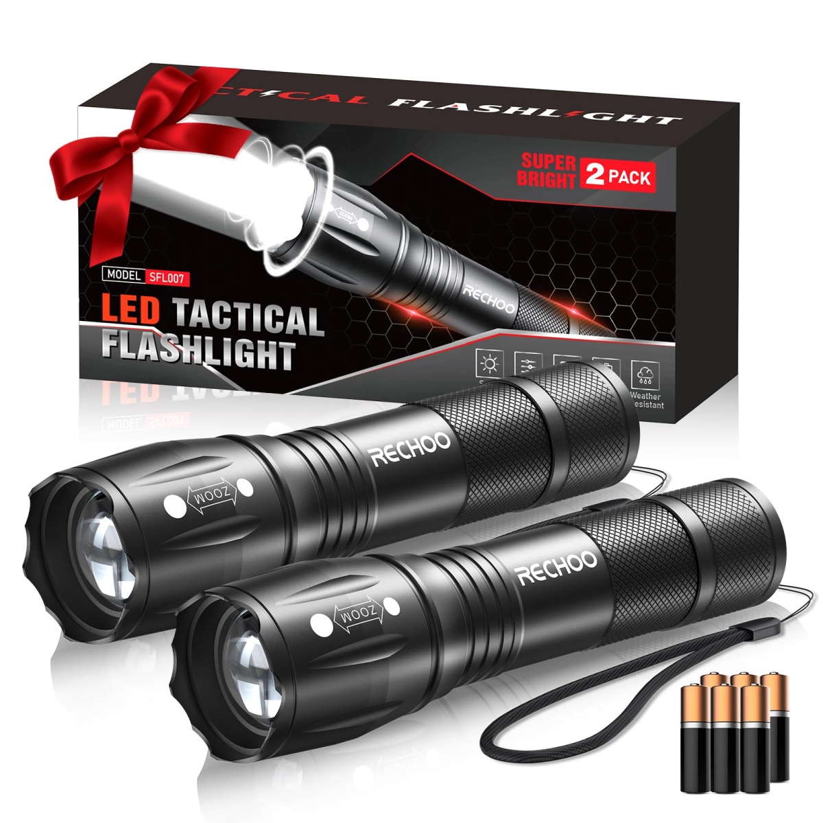 NT87450 LED Flashlights High Lumens, Powerful Tactical Flashlight with 3 Modes, Waterproof Zoomable - Pack of 2