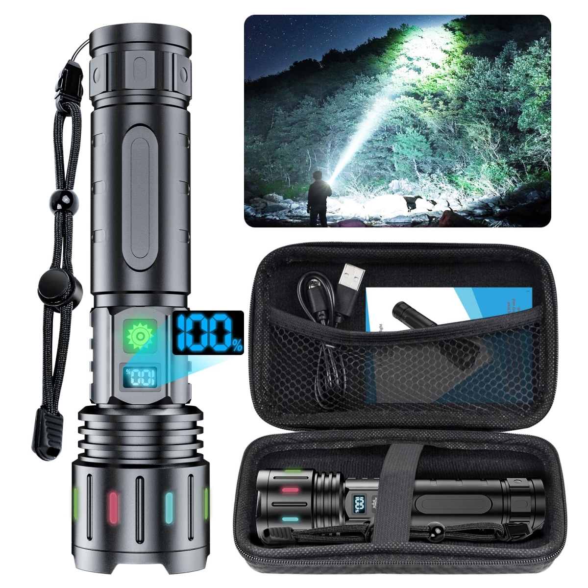 NT87470 Hoxida Rechargeable Flashlights - Super Bright LED, 1500 Meters Beam, Power Display, IPX5 Waterproof