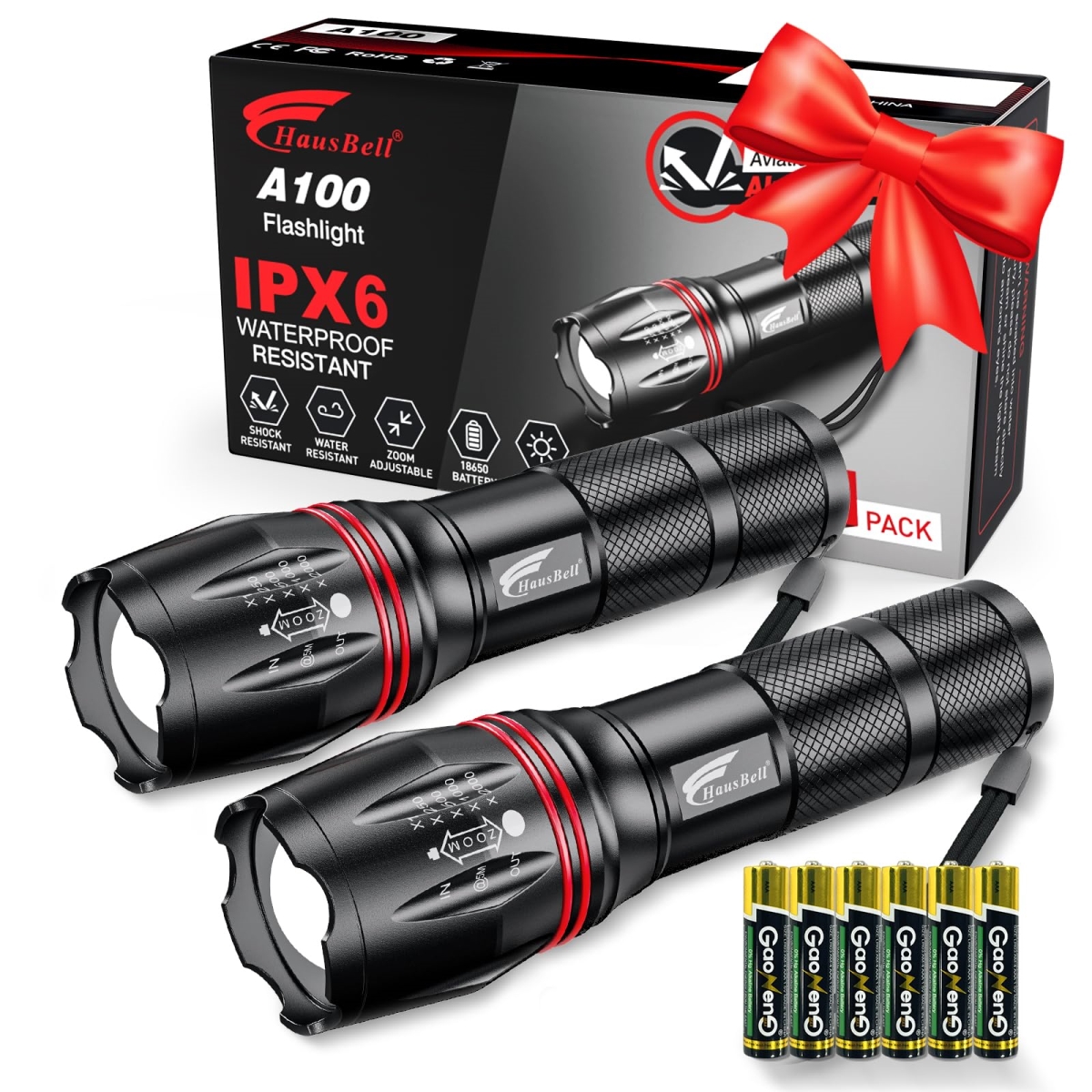 NT87777 HAUSBELL LED A100 Zoomable Tactical Flashlights, High Brightness, Five Modes, Emergency & Outdoor Use - Pack of 2