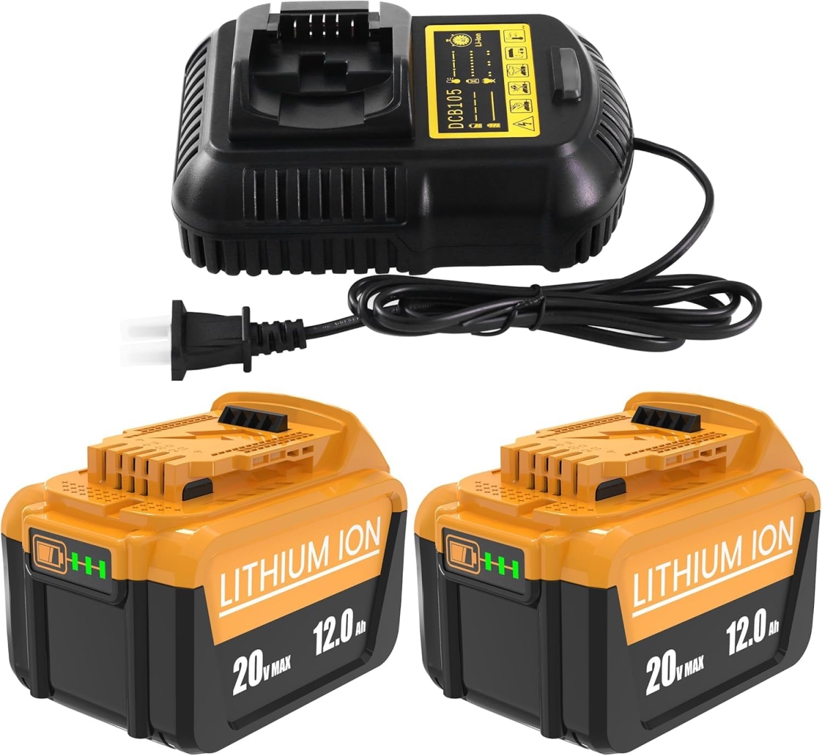 NT87879 12Ah 20V Lithium Ion Battery & Charger Replacement for Dewalt 20V Max - Pack of 2