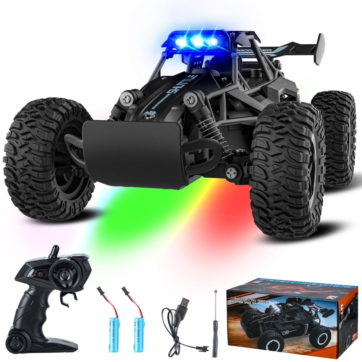 NT88135 Remote Control Car, 20 KMH High-Speed Remote Control Car with LED Lights, 2.4 Ghz 2WD Monster Truck, Rechargeable - Black