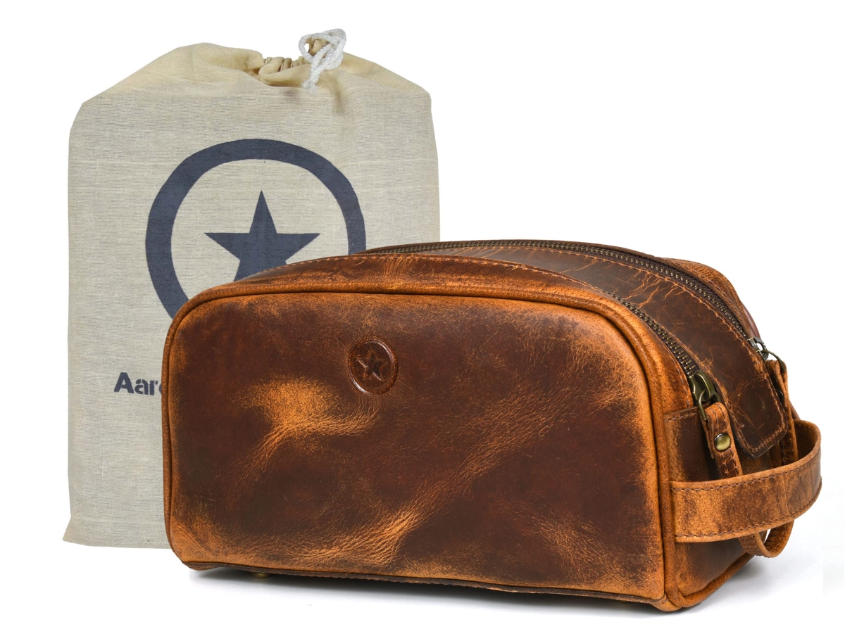 NT83743 10 in. Premium Leather Toiletry Travel Pouch with Waterproof Lining - Copper
