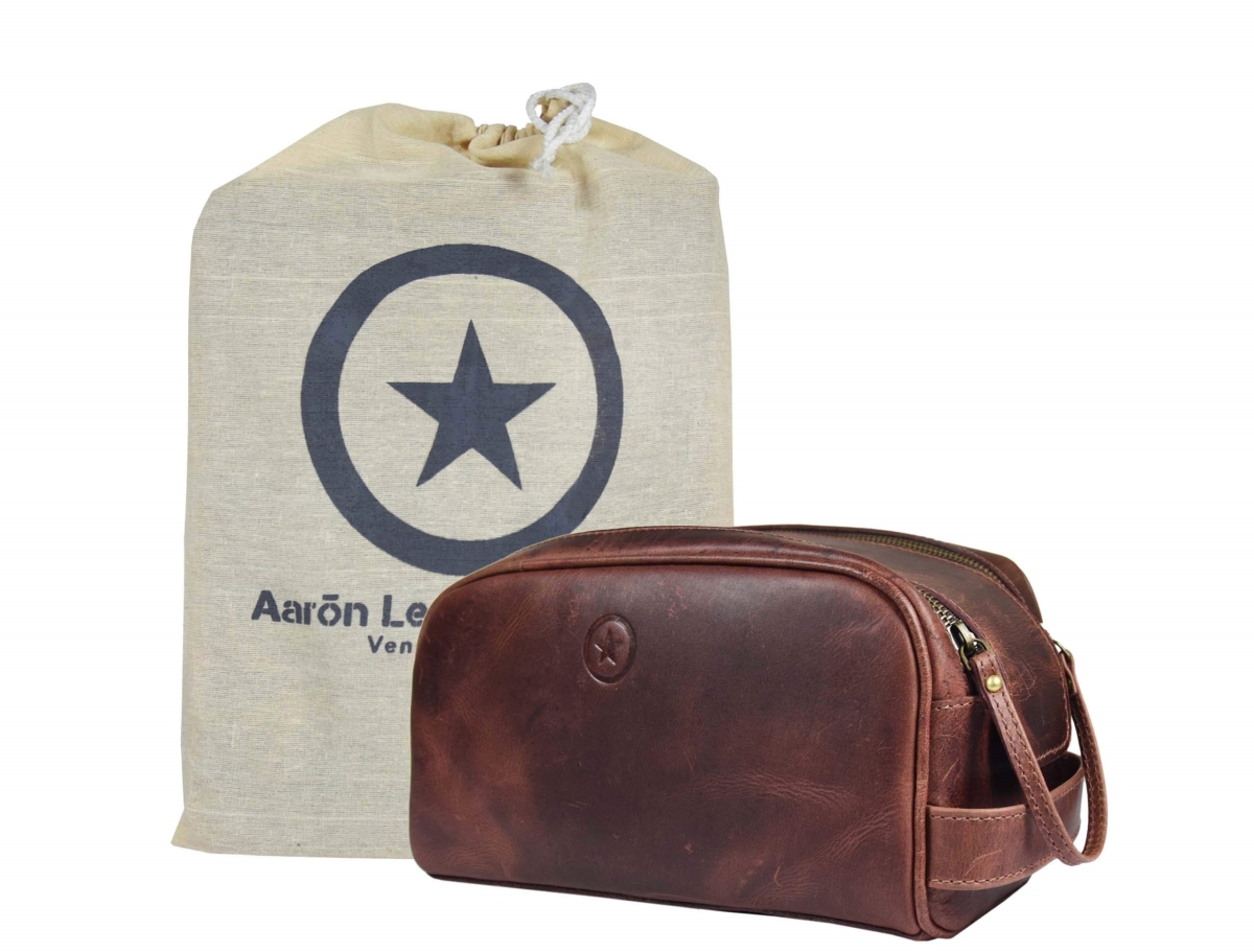 NT83746 10 in. Premium Leather Toiletry Travel Pouch with Waterproof Lining by Aaron Leather Goods, Dark Brown