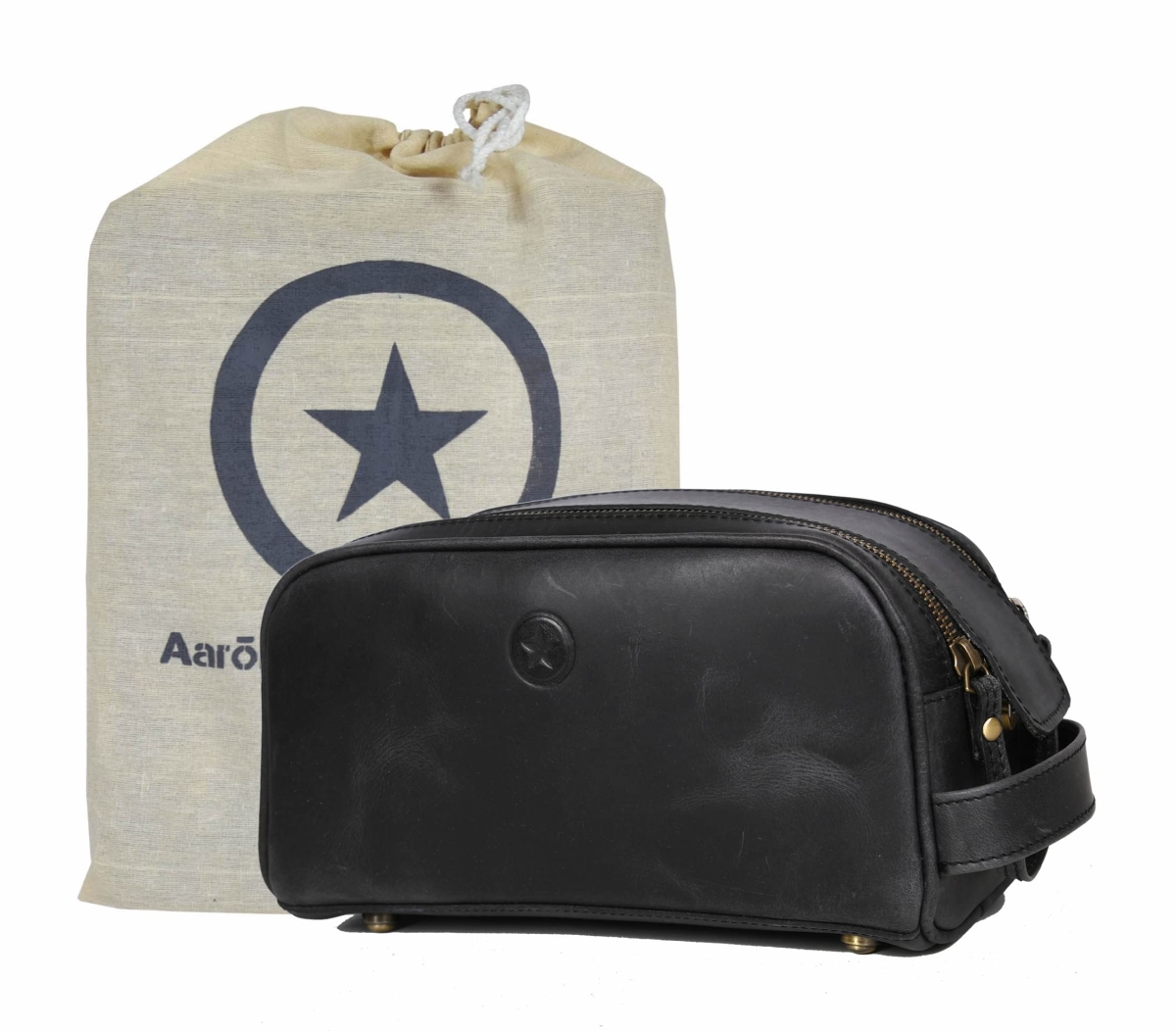 NT83752 10 in. Premium Leather Toiletry Travel Pouch with Waterproof Lining & King Size Handcrafted Vintage Dopp Kit, Black